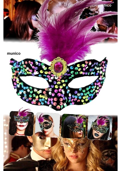 Pullu Kadife Maske – Pembe Tüylü, Ayarlanabilir Lastikli | Karnaval ve Özel Günler Için