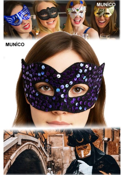 3 Adet Mor Payetli Balo Maskesi Göz Alıcı Tasarım Lastikli Sabitleme Bride ve After Parti Için Ideal