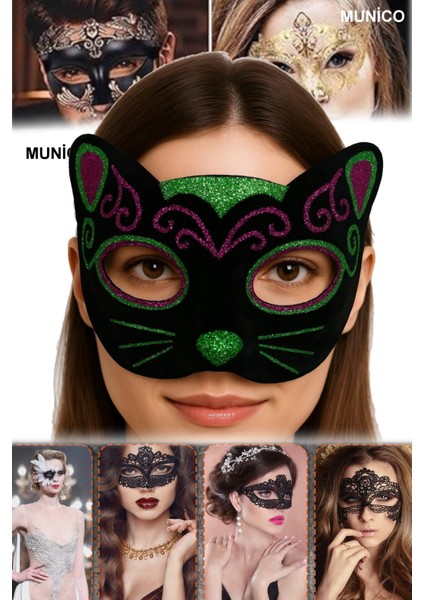 3 Adet Siyah Kadife Kedi Maske – 20X13 Cm, Pembe Yeşil Simli | Maskeli Balo ve Fotoğraf Çekimi Için