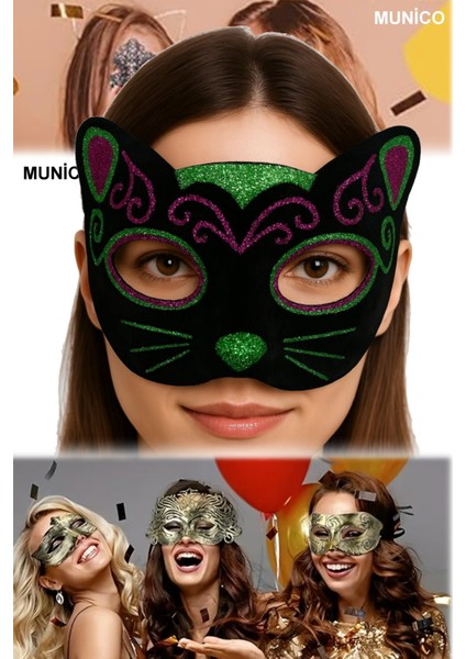 3 Adet Siyah Kadife Kedi Maske – 20X13 Cm, Pembe Yeşil Simli | Maskeli Balo ve Fotoğraf Çekimi Için fırsatları