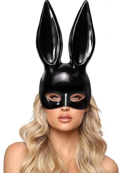 Siyah Uzun Kulaklı Tavşan Maskesi Ekstra Lüks Yumuşak Plastik Lastik Rahat Kullanım Hallowen