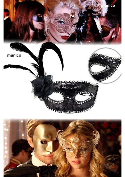 Siyah Pullu Parti Maskesi – Güllü, Tüylü ve Taşlı Tasarım | 20X22 cm Maskeli Balo Aksesuarı