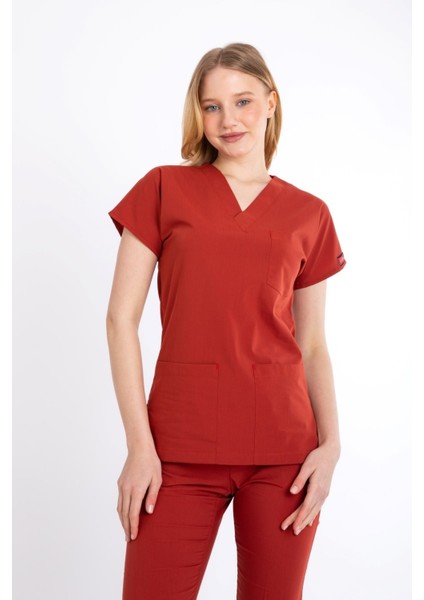 Yanık Turuncu U-Flex Likralı Hemşire Doktor Forma Cerrahi Takım