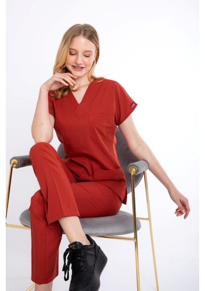 Yanık Turuncu U-Flex Likralı Hemşire Doktor Forma Cerrahi Takım