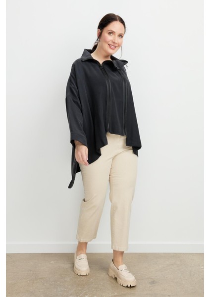 Büyük Beden Fermuar Detaylı Bluz-Siyah