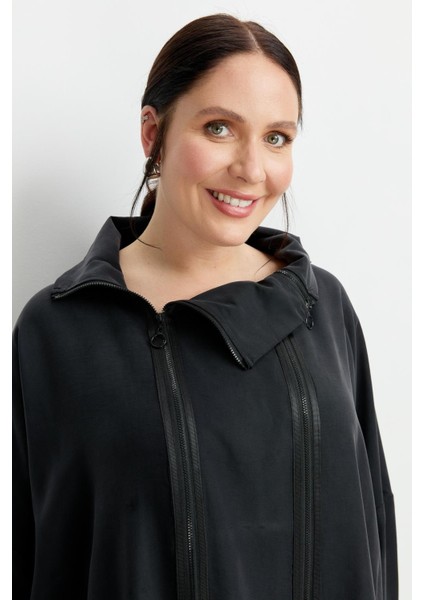 Büyük Beden Fermuar Detaylı Bluz-Siyah fırsatları