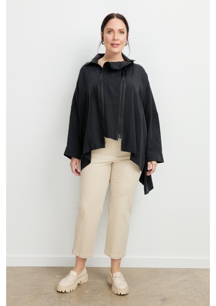 Büyük Beden Fermuar Detaylı Bluz-Siyah indirimleri
