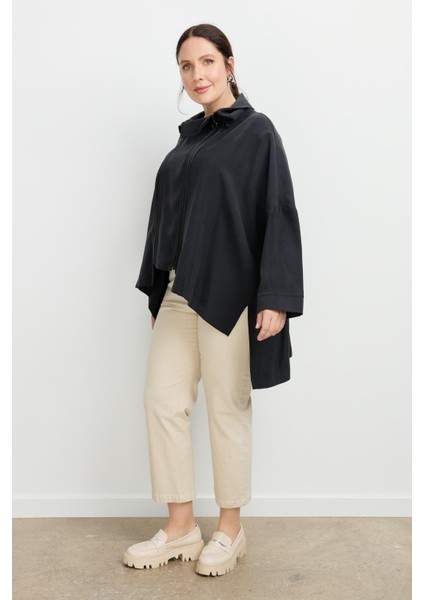 Büyük Beden Fermuar Detaylı Bluz-Siyah
