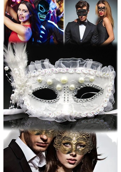 Beyaz Dantelli Parti Maske Inci ve Taş Işlemeli Yandan TÜYLÜ17X12 cm Maskeli Balo Aksesuar fırsatları
