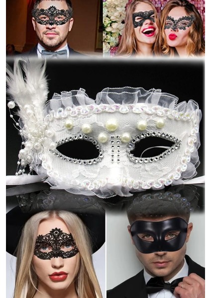 Beyaz Dantelli Parti Maske Inci ve Taş Işlemeli Yandan TÜYLÜ17X12 cm Maskeli Balo Aksesuar