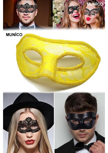 3 Adet Sarı Renk Maske – Dantel Tül Kaplama, Ip Aparatlı | Kostüm Partileri ve Fotoğraf Çekimi Için