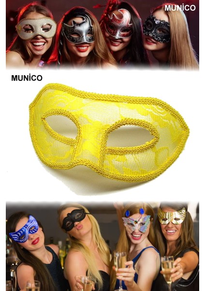 3 Adet Sarı Renk Maske – Dantel Tül Kaplama, Ip Aparatlı | Kostüm Partileri ve Fotoğraf Çekimi Için