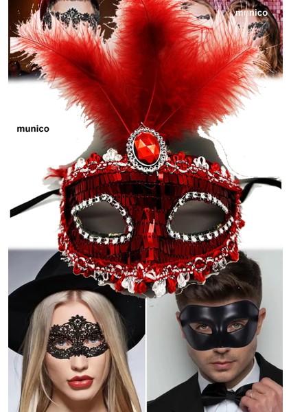 2 Adet Fantezi Amaçlı Tüylü Kırmızı Maske Pullu ve Işıltılı Hafif Konforlu Kostüm Partileri Için indirimleri