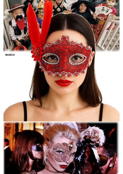 2 Adet Zarif Kırmızı Maske Göz Çevresi Taşlı, Tüylü ve Dantelli Maskeli Balo Fotoğraf Çekimi Için indirimleri