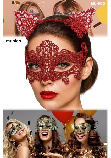 3 Adet Romantik Kırmızı Dantel Maske Seti – Kedi Kulaklı Taç + Maske | Cosplay ve Özel Günler Için