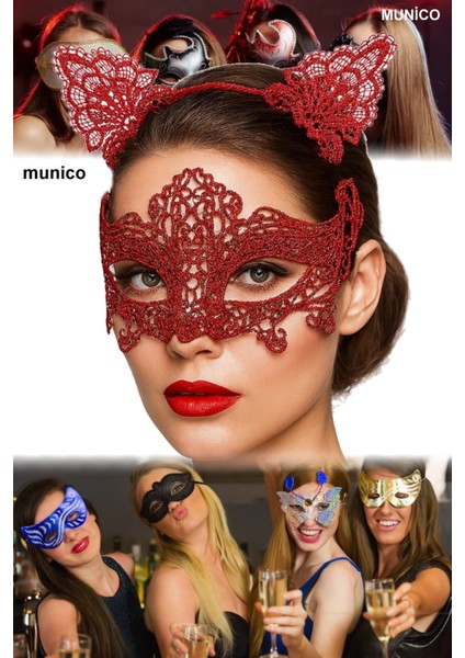 3 Adet Romantik Kırmızı Dantel Maske Seti – Kedi Kulaklı Taç + Maske | Cosplay ve Özel Günler Için indirimleri