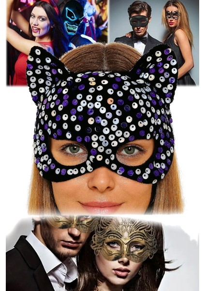 3 Adet Siyah Kadife Parti Maskesi Mor Beyaz Payetli, Pullu Tasarım | 16X14 cm Ayarlanabilir Lastikli