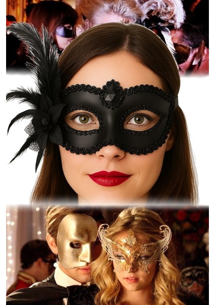 Yandan Tüylü Güllü Siyah Maske Venedik Stil, Hafif ve Rahat Maskeli Balo ve Özel Günler Için