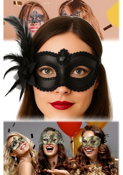 Yandan Tüylü Güllü Siyah Maske Venedik Stil, Hafif ve Rahat Maskeli Balo ve Özel Günler Için modelleri
