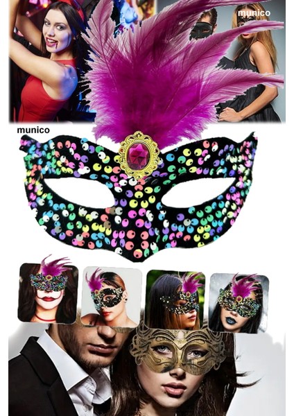 Pullu Kadife Maske – Pembe Tüylü, Ayarlanabilir Lastikli | Karnaval ve Özel Günler Için