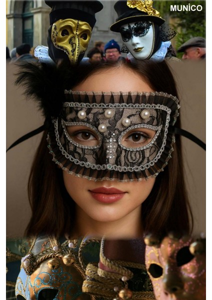 Siyah Dantelli Parti Maskesi Inci Işlemeli Taşlı ve Tüylü Tasarım 17X12 cm Özel Gün Aksesuarı