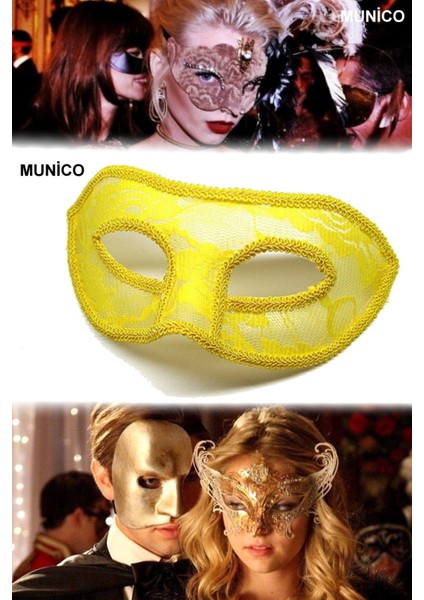 2 Adet Sarı Dantel Tül Parti Maskesi Venedik Stil Standart Ölçü | Maskeli Balo ve Özel Davetler Için fırsatları