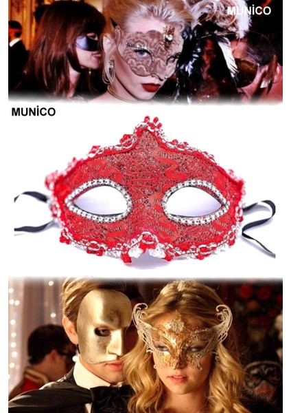 3 Adet Sexy Kristal Taşlı Kırmızı Maske Dantelli Elastik Sabitlemeli Bride ve After Parti Için Ideal