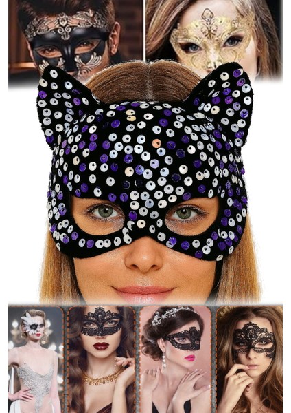 Siyah Kadife Parti Maskesi Mor Beyaz Payetli, Pullu Tasarım | 16X14 cm Ayarlanabilir Lastikli