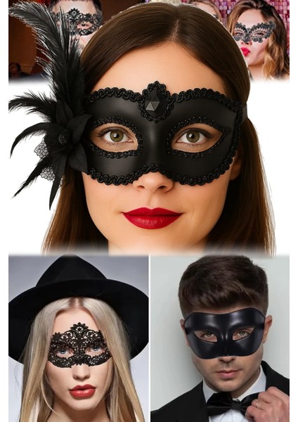 Yandan Tüylü Güllü Siyah Maske Venedik Stil, Hafif ve Rahat Maskeli Balo ve Özel Günler Için