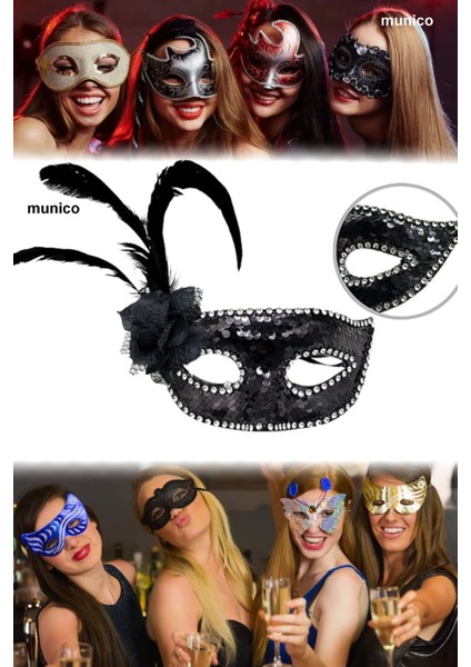 Siyah Renk Pullu Maske – Tüylü ve Inci Detaylı | Maskeli Balo ve Kostüm Partileri Için