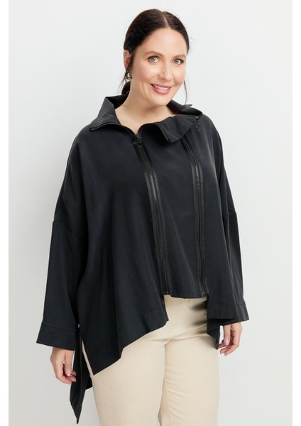 Büyük Beden Fermuar Detaylı Bluz-Siyah