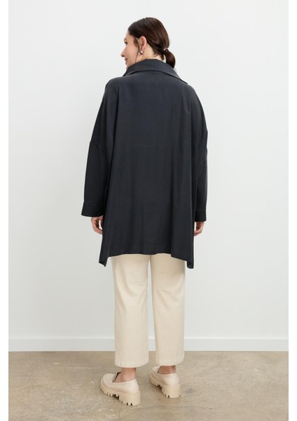 Büyük Beden Fermuar Detaylı Bluz-Siyah