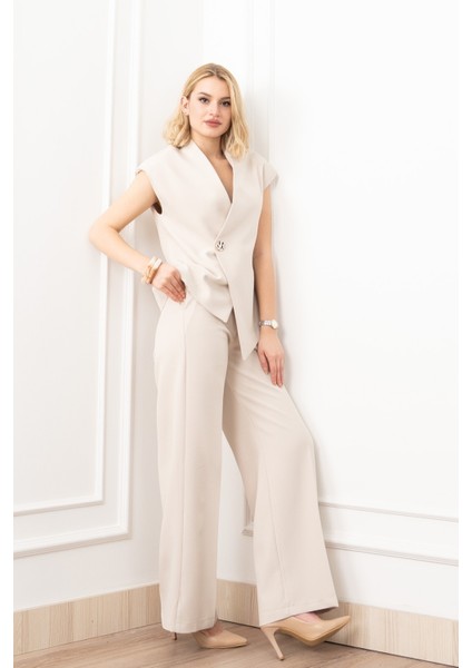 Verev Kesim Kruvaze Kapama Deteylı Yelek Pantolon Takım 1284