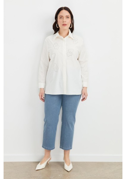 Büyük Beden Çiçek Desenli Gömlek-Kemık fiyatları