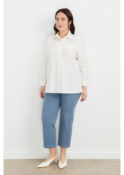 Büyük Beden Çiçek Desenli Gömlek-Kemık fırsatları