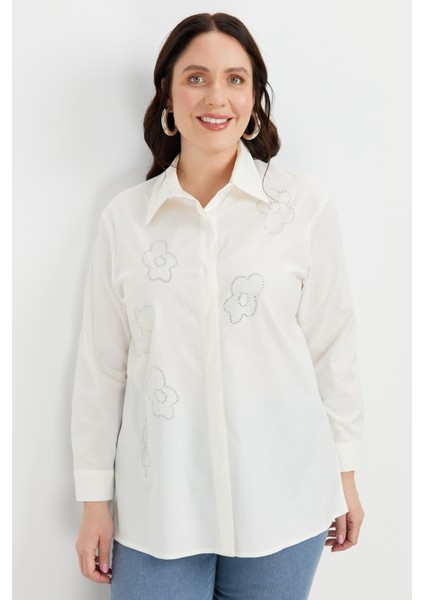 Büyük Beden Çiçek Desenli Gömlek-Kemık indirimleri