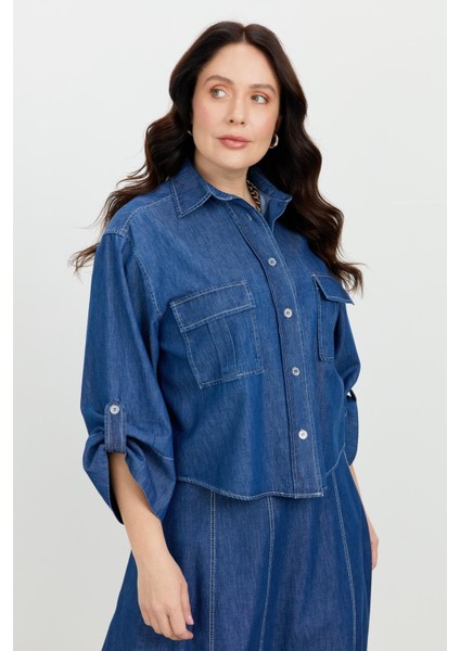 Büyük Beden Cepli Kot Gömlek-Lacı