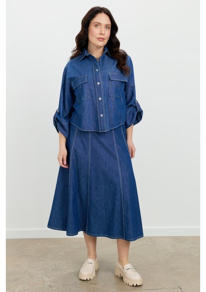 Büyük Beden Cepli Kot Gömlek-Lacı fiyatları