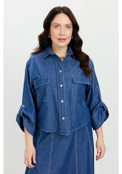 Büyük Beden Cepli Kot Gömlek-Lacı indirimleri