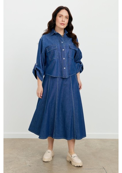 Büyük Beden Cepli Kot Gömlek-Lacı