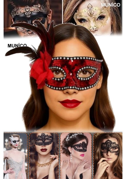 Kırmızı Renk Maske – Payetli, Gümüş Taşlı, Tüylü | Kostüm Partileri ve Özel Günler Için Sexy