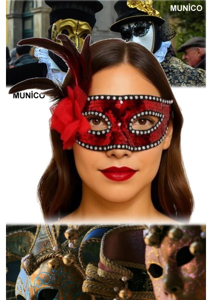 Kırmızı Renk Maske – Payetli, Gümüş Taşlı, Tüylü | Kostüm Partileri ve Özel Günler Için Sexy