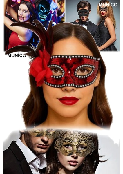 Kırmızı Renk Maske – Payetli, Gümüş Taşlı, Tüylü | Kostüm Partileri ve Özel Günler Için Sexy