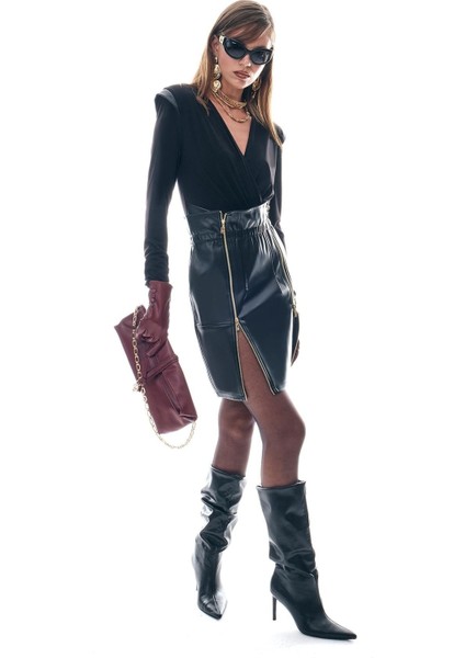 Deri Çift Fermuar ve Beli Lastik Detaylı Etek