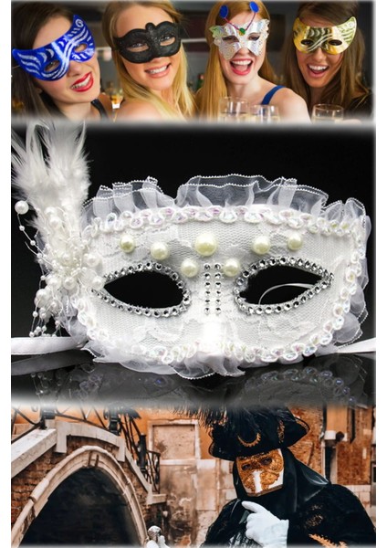3 Adet Beyaz Dantelli Parti Maske Inci ve Taş Işlemeli Yandan TÜYLÜ17X12 cm Maskeli Balo Aksesuar fiyatları