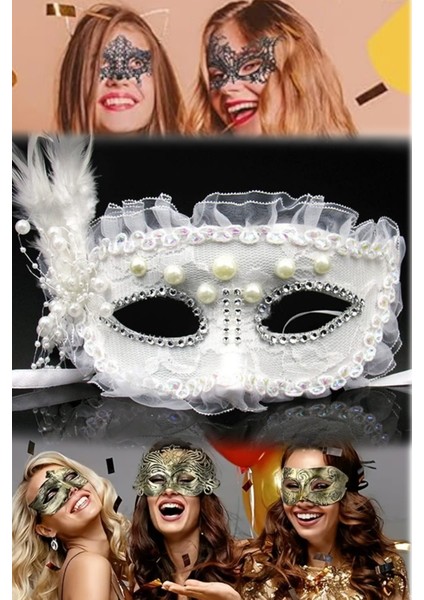3 Adet Beyaz Dantelli Parti Maske Inci ve Taş Işlemeli Yandan TÜYLÜ17X12 cm Maskeli Balo Aksesuar