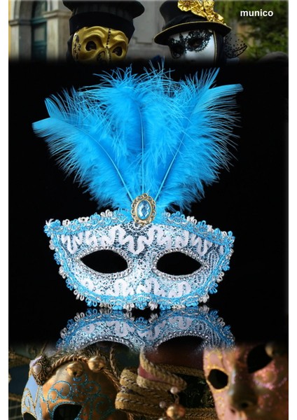 Mavi Dantel Balo Maskesi Gerçek Tüylü, Ip Aparatlı | 17X20 cm Şık Parti Aksesuarı Sexy Maske