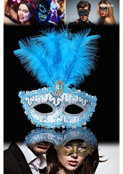 Mavi Dantel Balo Maskesi Gerçek Tüylü, Ip Aparatlı | 17X20 cm Şık Parti Aksesuarı Sexy Maske