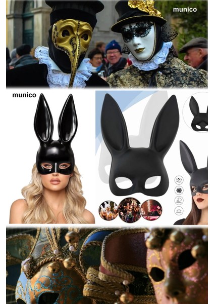 Kostümlü Parti Sexy Siyah Renk Tavşan Maske Uzun Kulaklı, Lastikli Yapı | Maskeli Balo Tiktok