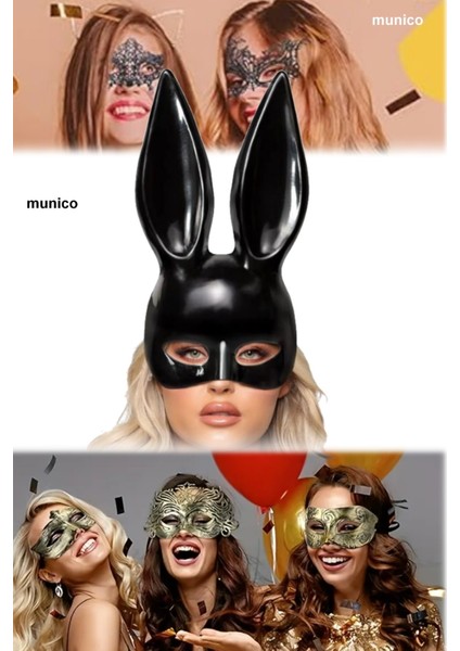 Kostümlü Parti Sexy Siyah Renk Tavşan Maske Uzun Kulaklı, Lastikli Yapı | Maskeli Balo Tiktok